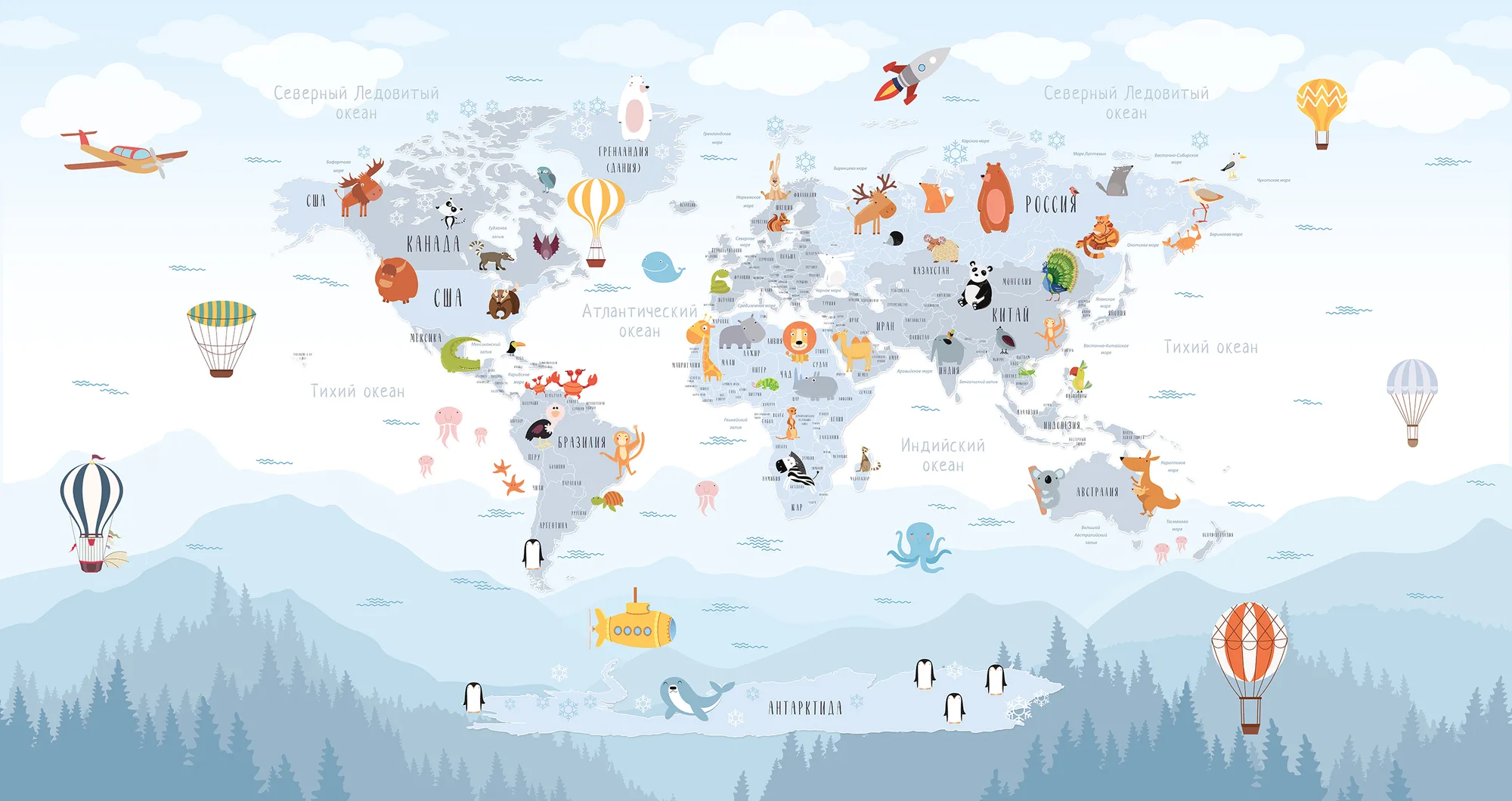 Фотообои Creativille CV-202040 (World map with funny animals 202040)