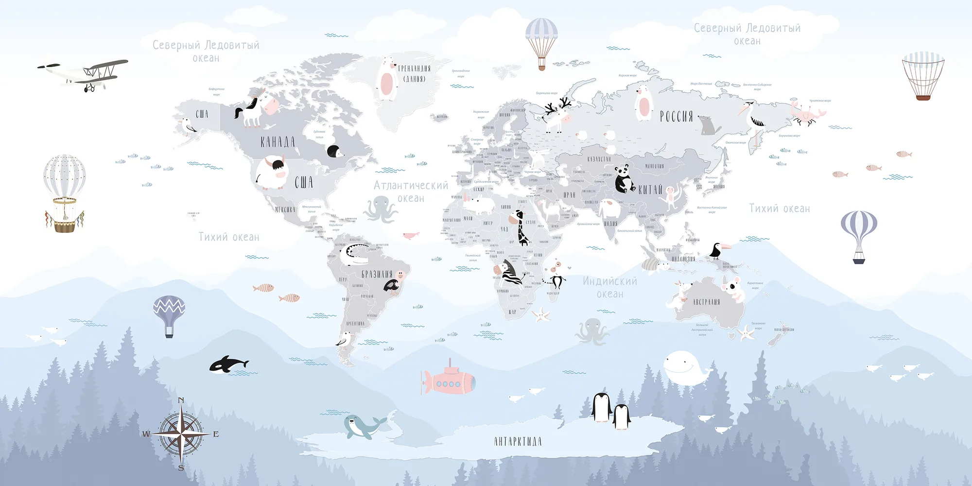 Фотообои Creativille CV-202050 (World map with funny animals 202050)