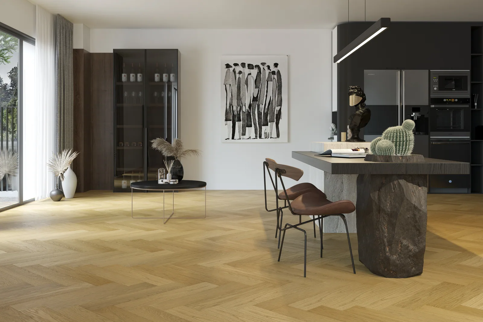 Fargo Quartz Parquet Английская Ёлка Дуб Медовый Раф: в интерьере