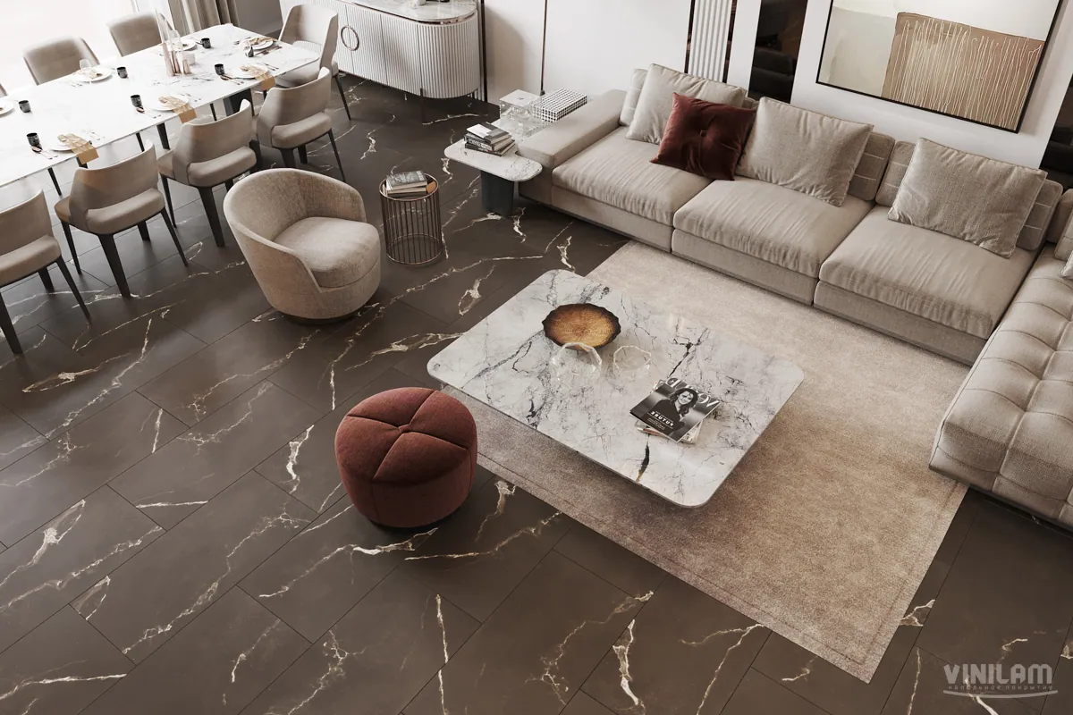 Vinilam Allure Stone Glue Эбонитовый Мрамор: в интерьере