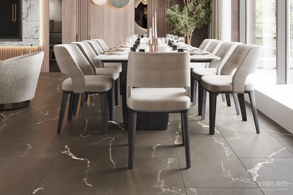 Vinilam Allure Stone Glue Эбонитовый Мрамор: в интерьере