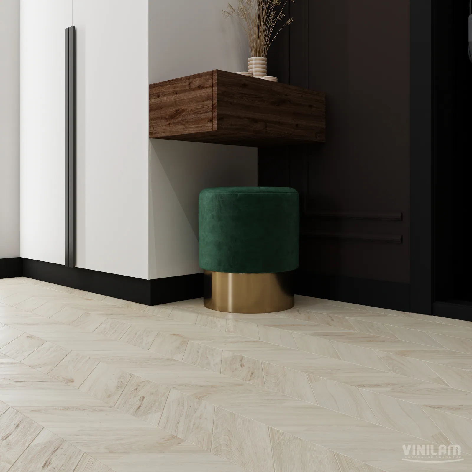 Vinilam Parquet Chevron Glue Шеврон Бриссак: в интерьере