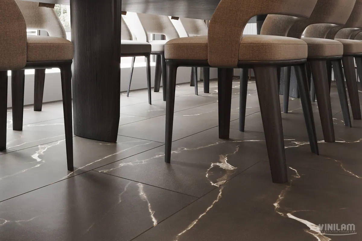 Vinilam Allure Stone Glue Эбонитовый Мрамор: в интерьере