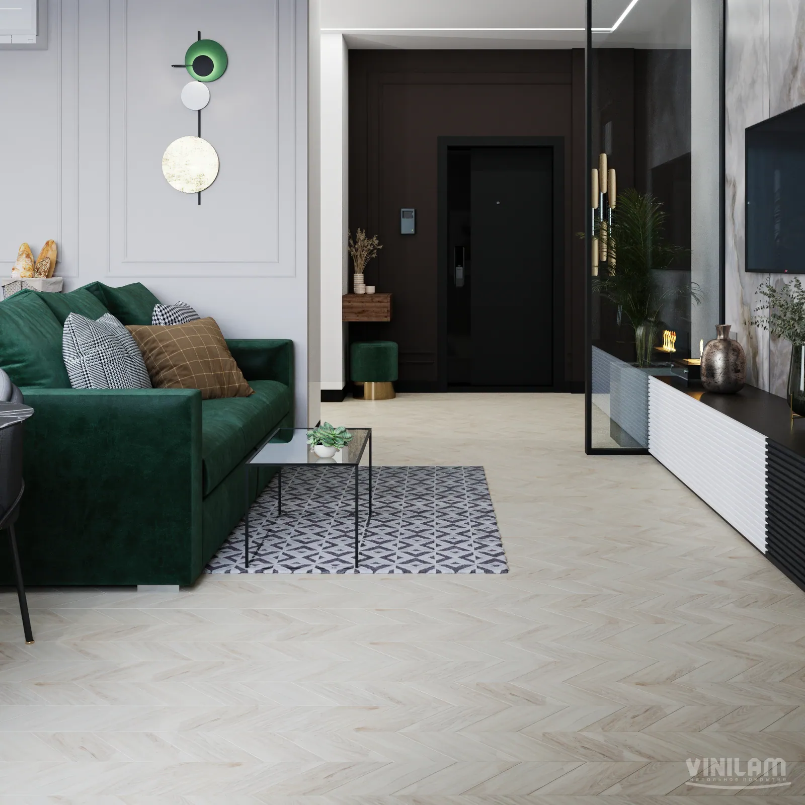 Vinilam Parquet Chevron Glue Шеврон Бриссак: в интерьере