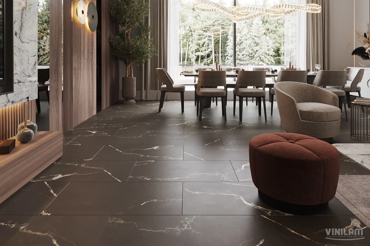 Vinilam Allure Stone Glue Эбонитовый Мрамор: в интерьере