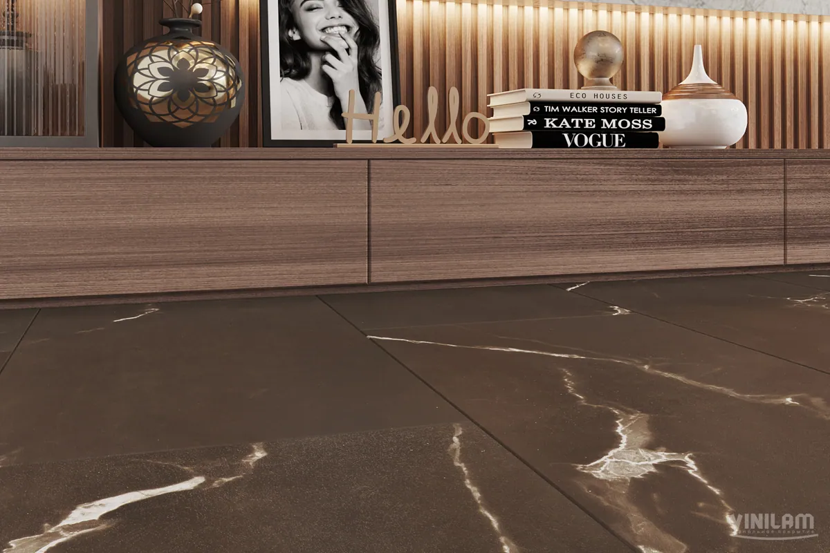 Vinilam Allure Stone Glue Эбонитовый Мрамор: в интерьере