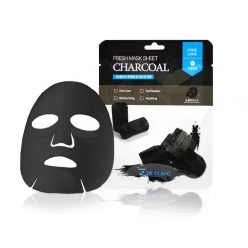 3W CLINIC НАБОР Тканевая маска для лица УГОЛЬ Fresh charcoal Mask Sheet