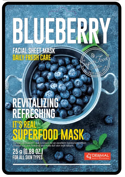 DERMAL Маска для лица тканевая ГОЛУБИКА It's Real Superfood Mask BLUEBERRY