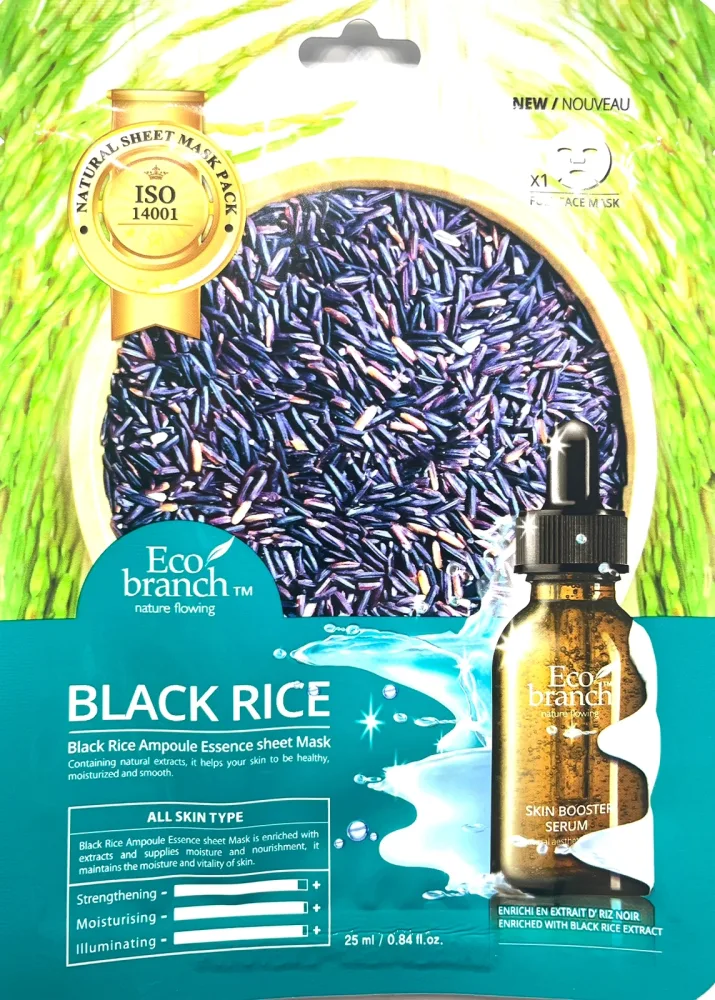 ECO BRANCH Маска для лица тканевая ЧЕРНЫЙ РИС ампульная Black Rice Ampoule Essence Sheet Mask