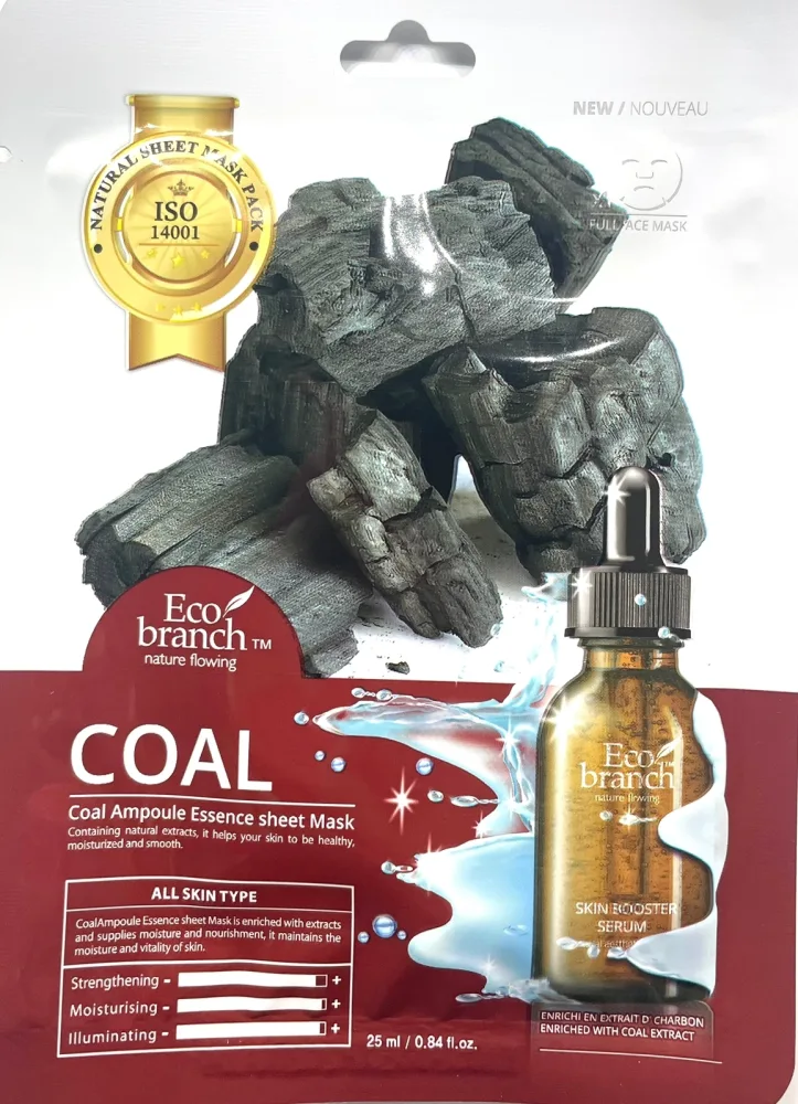 ECO BRANCH Маска для лица тканевая ДРЕВЕСНЫЙ УГОЛЬ ампульная Coal Ampoule Essence Sheet Mask