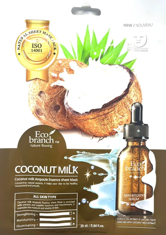 ECO BRANCH Маска для лица тканевая КОКОСОВОЕ МОЛОКО ампульная Coconut Milk Ampoule Essence Sheet Mask