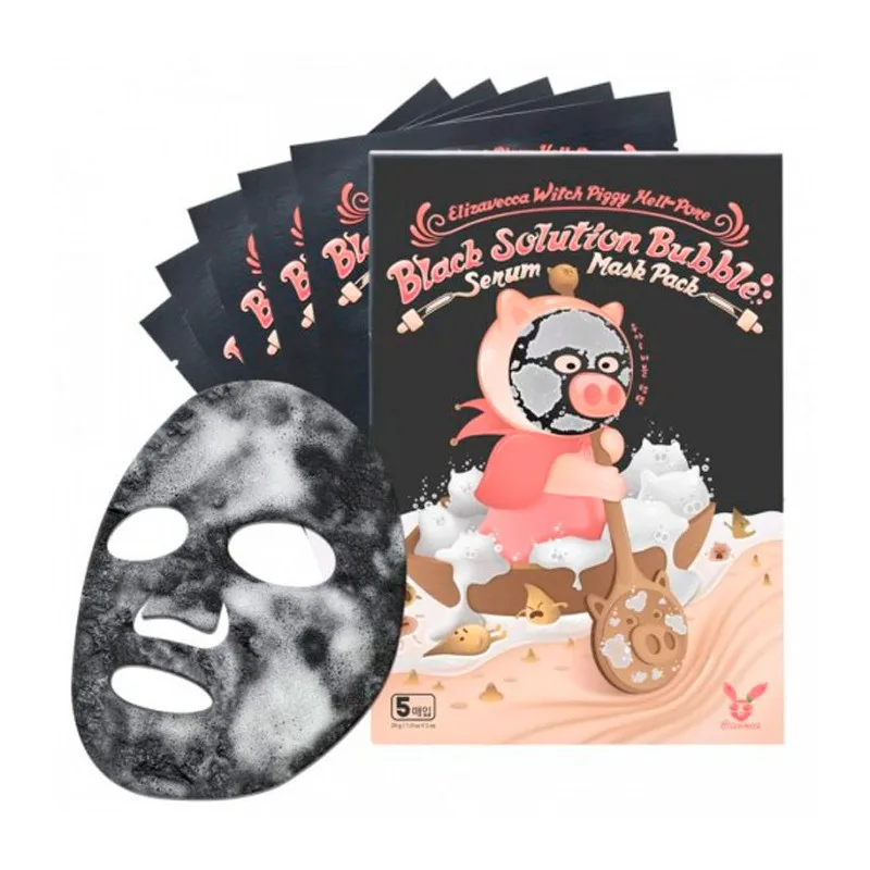 ELIZAVECCA НАБОР Тканевая маска для лица ПУЗЫРЬКОВАЯ Witch Piggy Hell-Pore Black Solution Bubble Serum Mask Pack