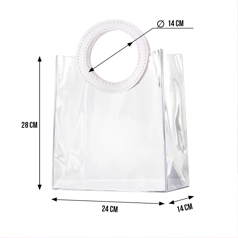 EVEEPACK Подарочный пакет PVC, прозрачный, белая круглая ручка экокожа 24x28x14см