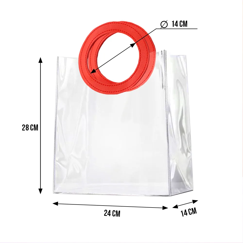EVEEPACK Подарочный пакет PVC, прозрачный, красная круглая ручка экокожа 24x28x14см