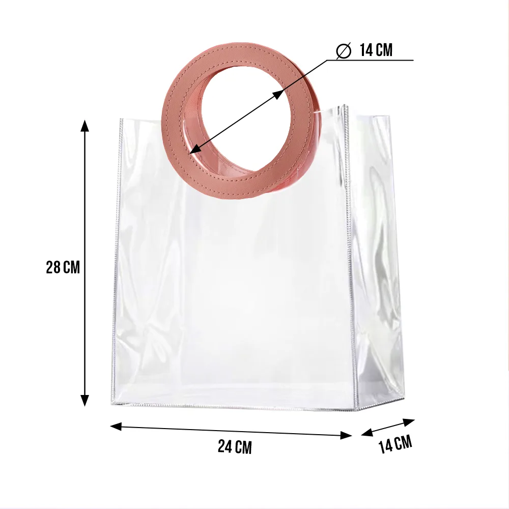 EVEEPACK Подарочный пакет PVC, прозрачный, розовая круглая ручка экокожа 24x28x14см