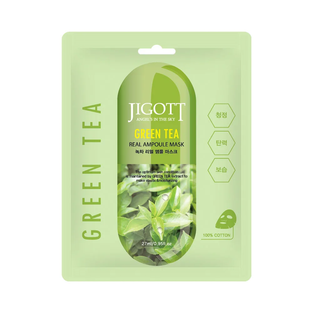 JIGOTT НАБОР Тканевая маска для лица ЗЕЛЕНЫЙ ЧАЙ GREEN TEA Real Ampoule Mask, 10 шт*27 мл