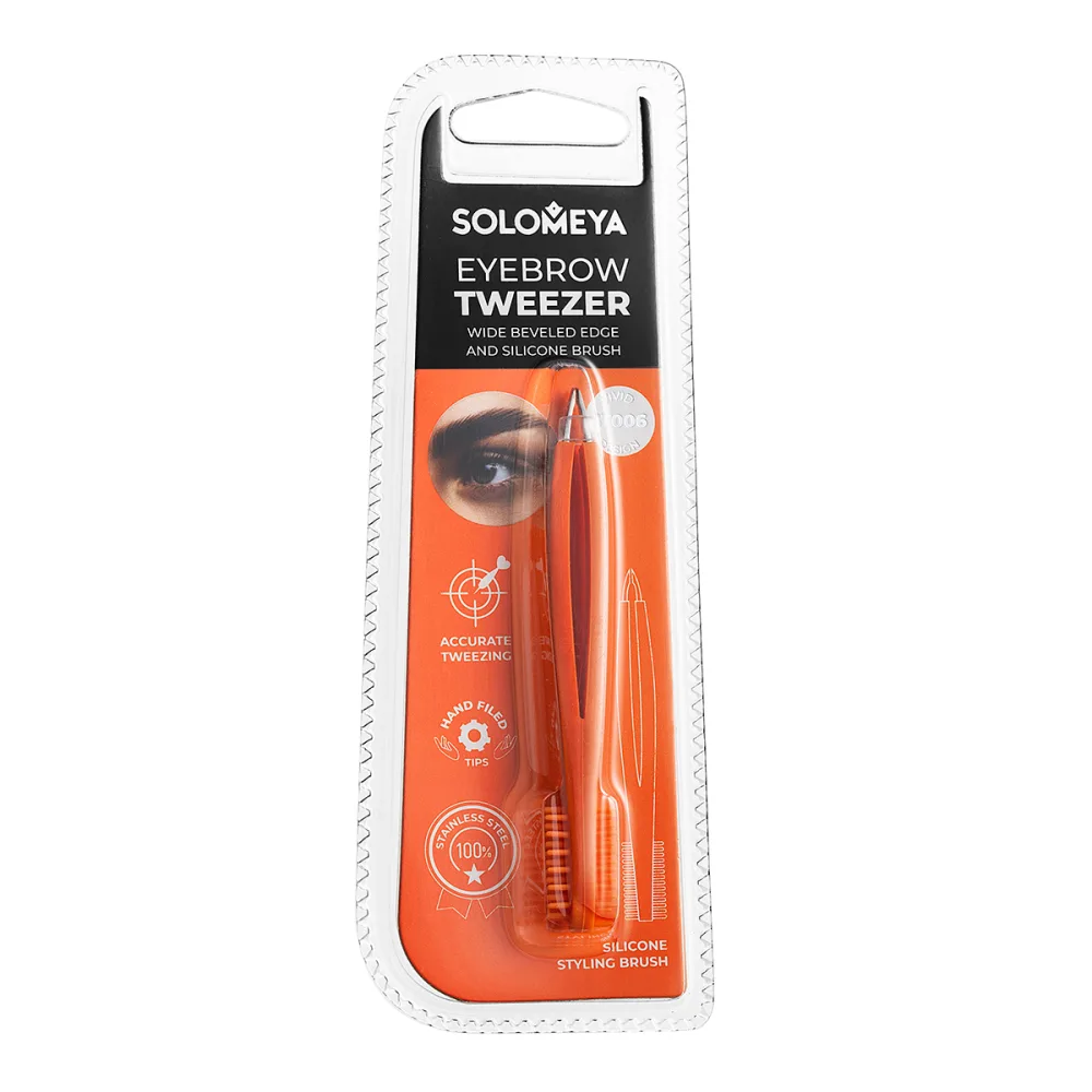 SOLOMEYA Пинцет для бровей СО СКОШЕННЫМ КРАЕМ и силиконовой щеточкой Eyebrow Tweezer ST006