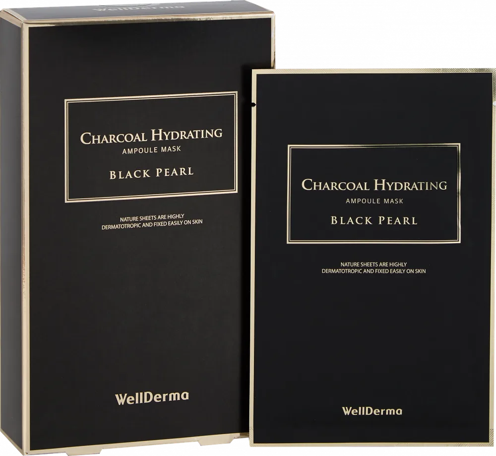 WELLDERMA НАБОР Тканевая маска для лица ДРЕВЕСНЫЙ УГОЛЬ Charcoal Hydrating Ampoule Mask Black Pearl, 10 шт * 25 мл