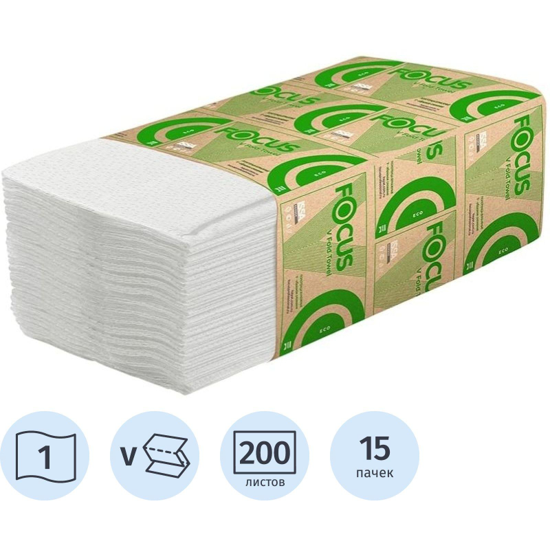 Полотенца бумажные д/дисп. FOCUS Eco Vсл 1сл бел 200л 15пач/уп 5083743 п/э