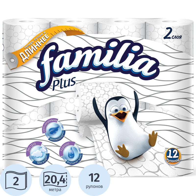 Бумага туалетная FAMILIA PLUS белая 2сл 12рул/уп,Новосиб