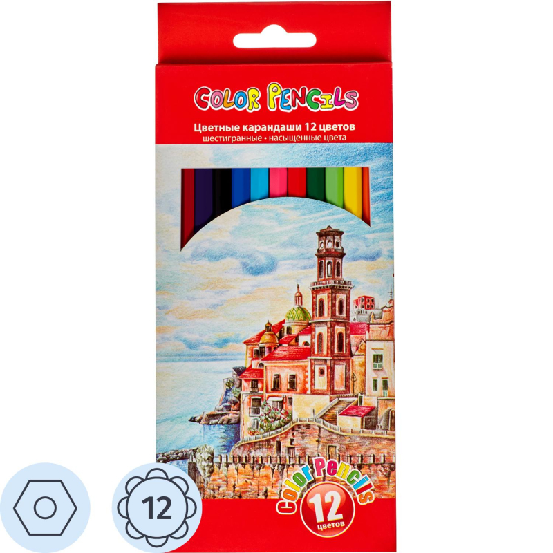Карандаши цветные 12цв, 6-гран, пласт.корпус