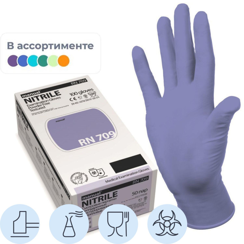 Перчатки мед.смотров. нитрил., нестер, MANUAL RN 707 (M) 50пар