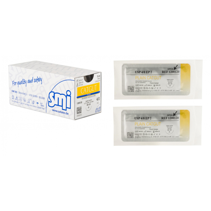 Шовный материал КЕТГУТ простой 4/0, 75см Кол 20мм, 1/2 1200120 12шт/уп SMI