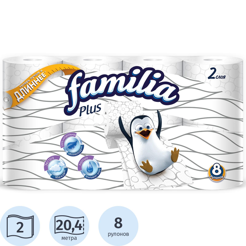 Бумага туалетная FAMILIA PLUS белая 2сл 8рул/уп,Новосиб