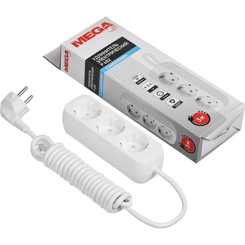 Удлинитель Promega jet 3 розетки с заземлени ем 3м, 10А, 2200 Вт, белый