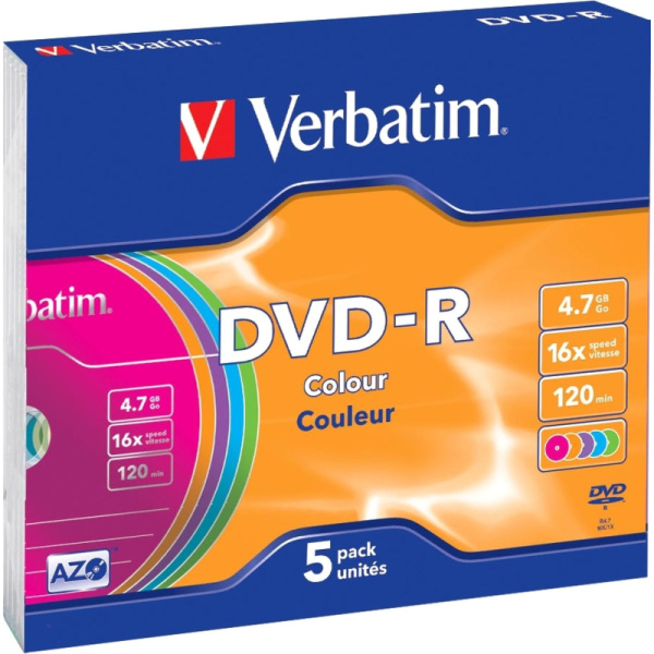 Носители информации DVD-R, 16x, Verbatim Azo Colour, Slim/5, 43557