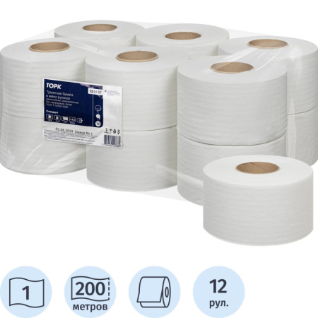 Бумага туалетная д/дисп.Торк Стандарт Т2 1сл бел втор 200м 12рул/уп 120197