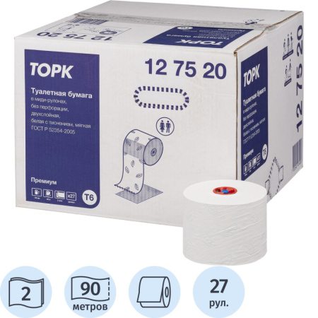 Бумага туалетная Торк Премиум T6 2сл бел 100%цел втул 90м 27рул/уп 127520