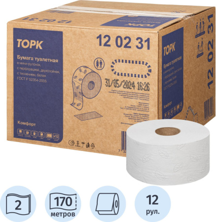 Бумага туалетная д/дисп Торк T2 Комфорт в мини-рул2слбелвтор170м12рул120231
