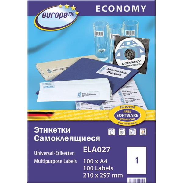 Этикетки самоклеящиеся Europe, ELA027, 210х297мм на листеА4 (100лист/уп)