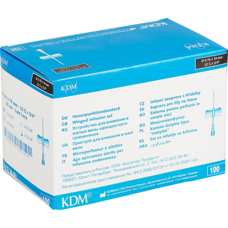 Игла-бабочка Устройство для влив в малые вены Luer Lock 22G KD-Fly 100шт/уп