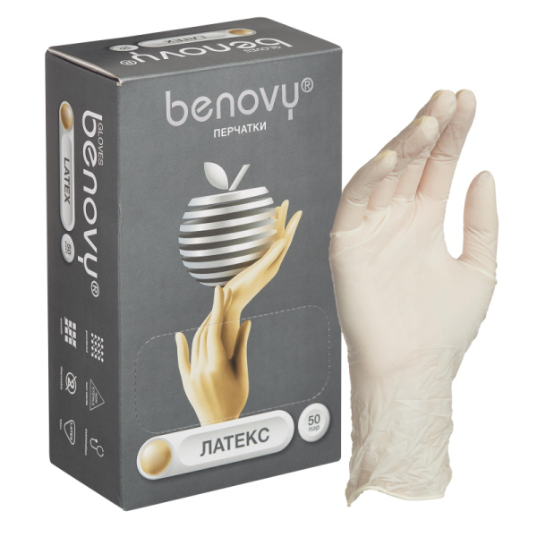 Мед.смотров. перчатки латекс., нестер., с пудрой, Benovy (L) 50 пар/уп