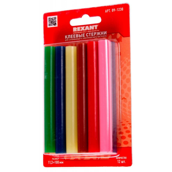 Стержень клеевой REXANT d11х100мм цветные, 12шт. (09-1230)