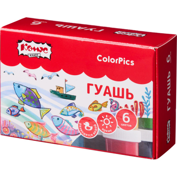 Гуашь Комус Класс ColorPics 6 цветов, 10 мл
