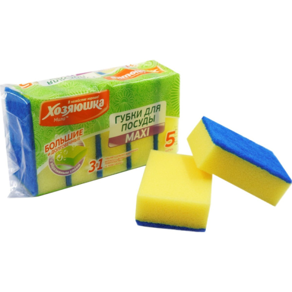 Губки для мытья посуды ХОЗЯЮШКА МИЛА MAXI 5 шт/уп, 93x65x30