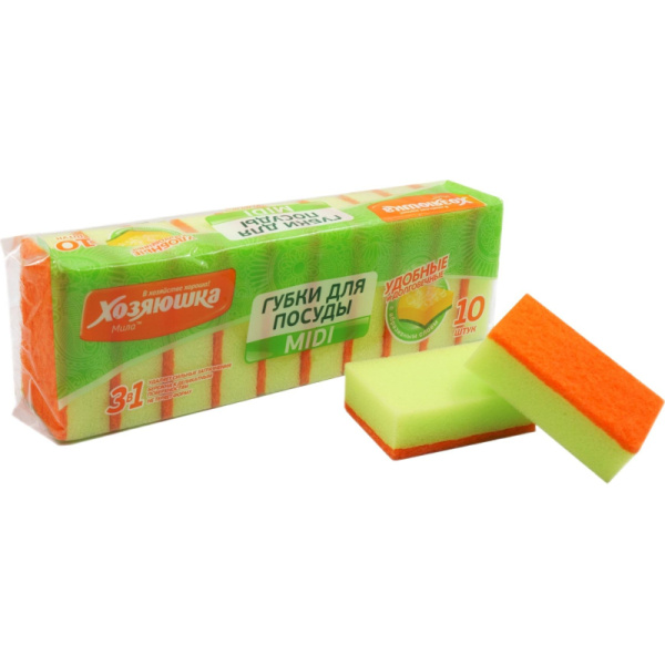 Губки для мытья посуды ХОЗЯЮШКА МИЛА MIDI 10 шт/уп, 85x55x25