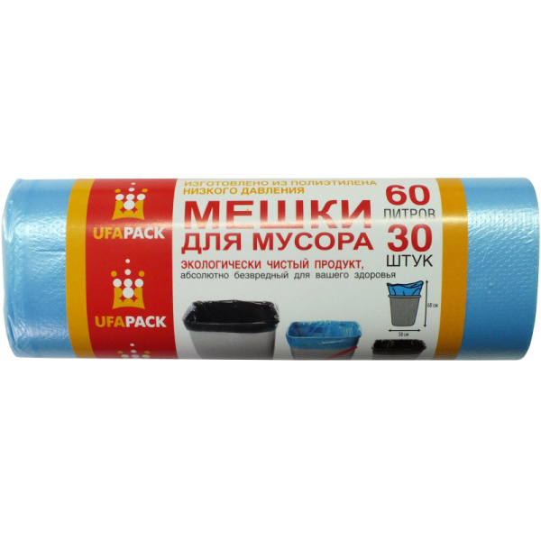 Мешки для мусора ПНД 60л 6мкм 30шт/рул синие 58х68см Эконом