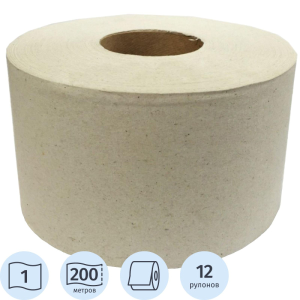 Бумага туалетная для диспенсера 1сл, 200м/рул,серая,12рул/уп