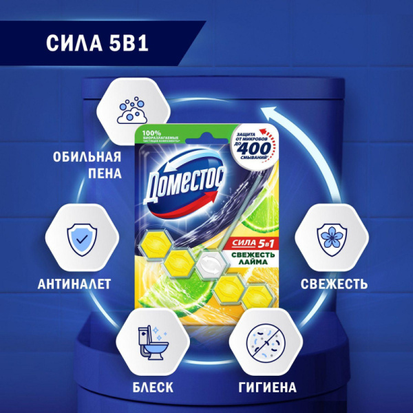Блок для унитаза DOMESTOS Power 5 свежесть лайма 55гр