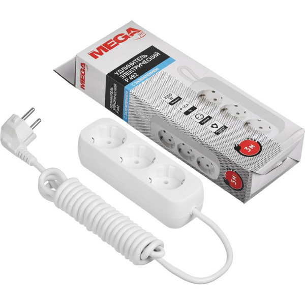 Удлинитель Promega jet 3 розетки с заземлени ем 3м, 10А, 2200 Вт, белый