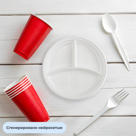 Тарелка одноразовая d-205мм, 3-х секционная белая, ПС 100шт/уп