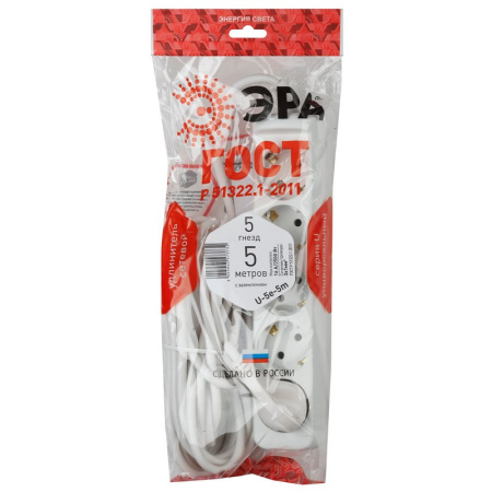 Удлинитель ЭРА, 5 роз/5м/3х1мм/16А/3500Вт, с заземл, белый, U-5e-5m-3x1