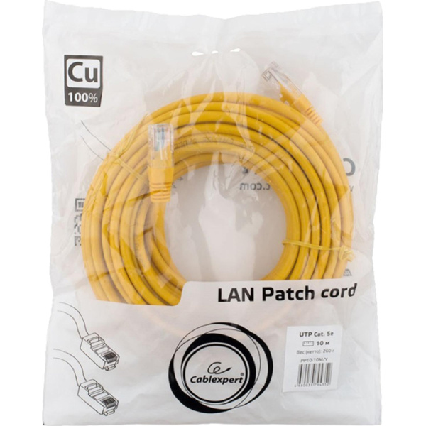 Патч-корд UTP Cablexpert PP10-10M/Y кат.5e, 10м, литой, (жёлтый)