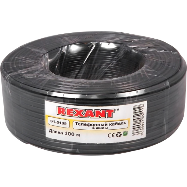 Кабель телефонный  REXANT ШТЛП 4 жилы Cu, черный, бухта 100 м