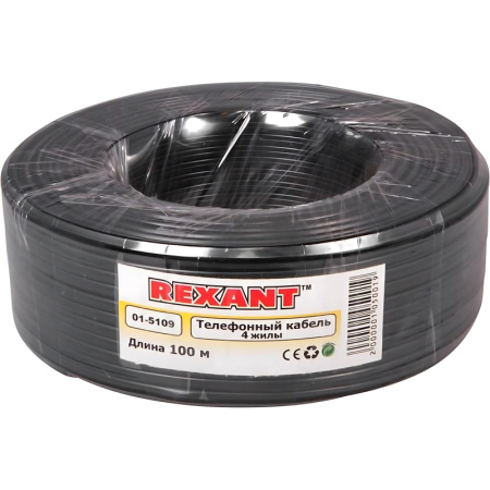 Кабель телефонный  REXANT ШТЛП 4 жилы Cu, черный, бухта 100 м