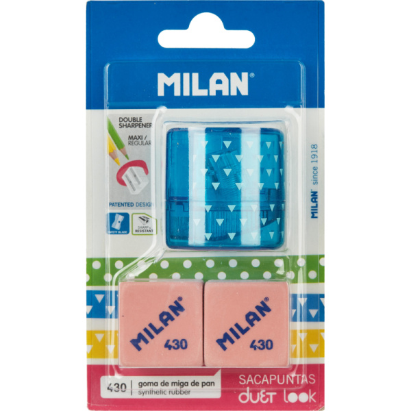 Набор Milan точилка DUET LOOK 2отв син + 2 ластика 430 синт кауч BYM10370